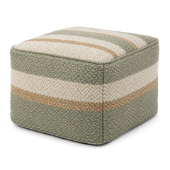 Sage Green, Ivory & Beige Stripe Woven Cube Pouf by Primeval on white background