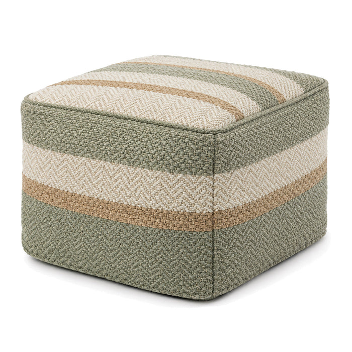 Sage Green, Ivory & Beige Stripe Woven Cube Pouf by Primeval on white background