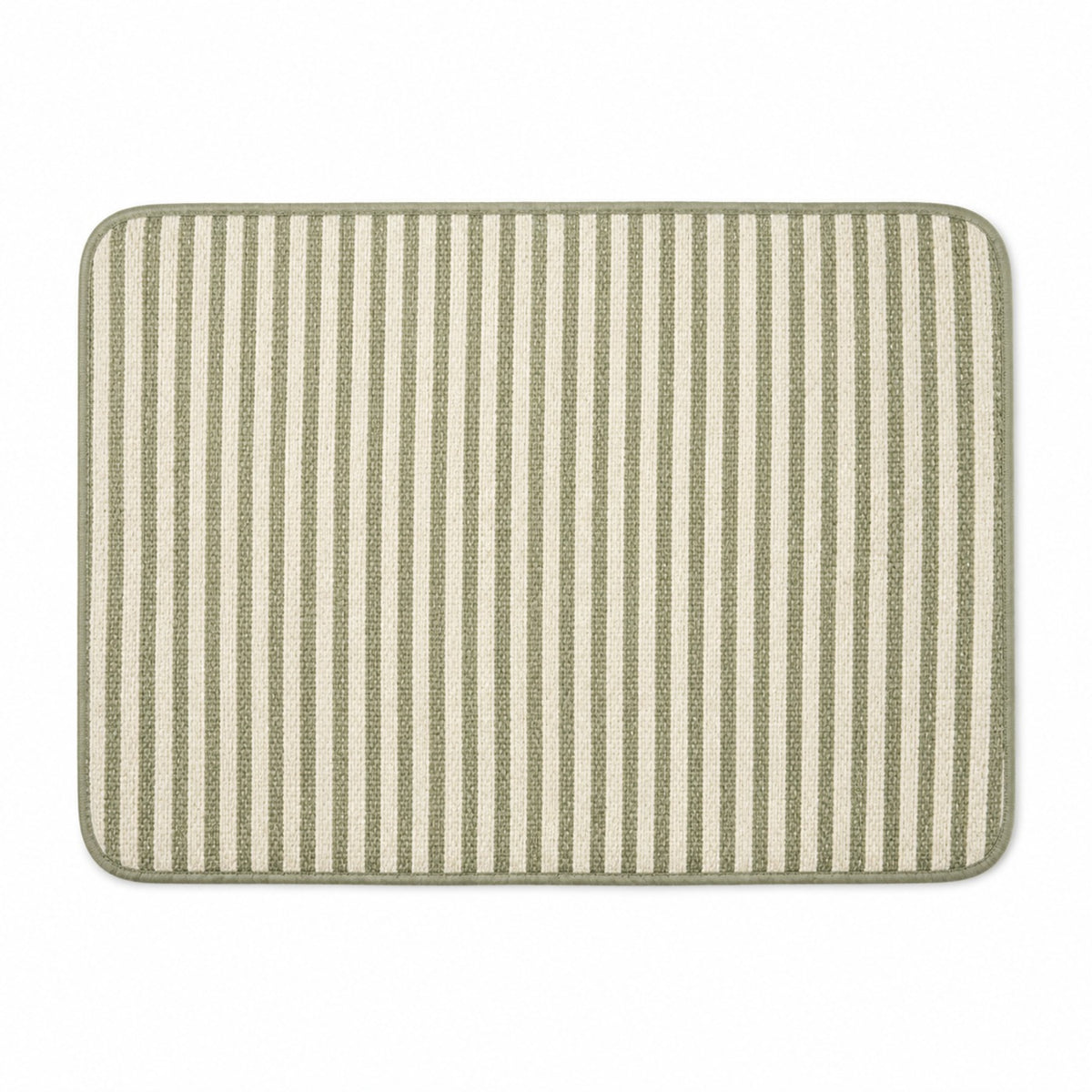 Sage green and ivory striped placemat with rounded corners, woven rectangular dining table mat by Primeval