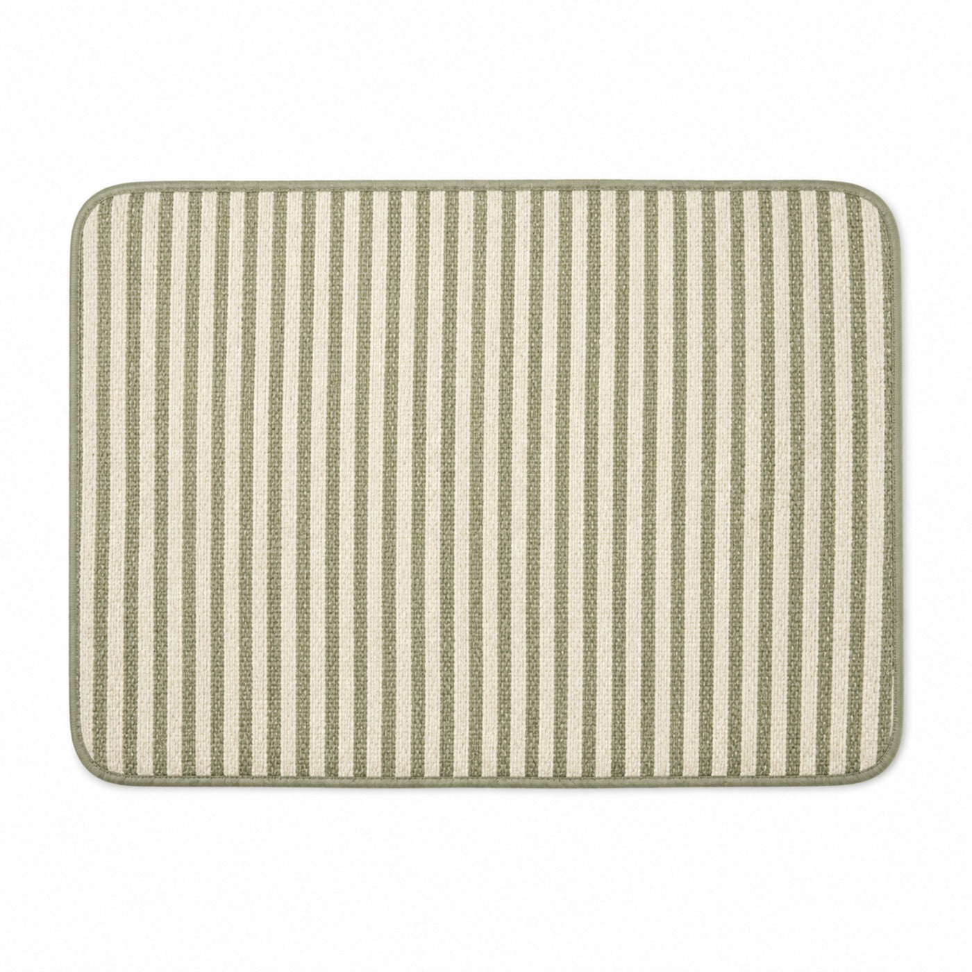 Sage green and ivory striped placemat with rounded corners, woven rectangular dining table mat by Primeval