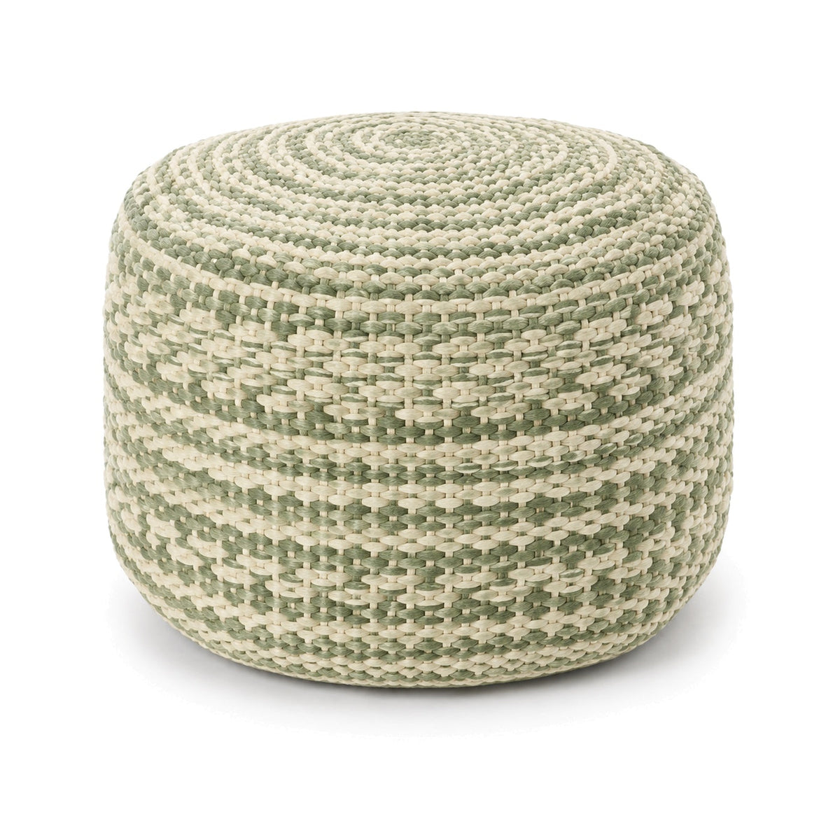 Sage green and ivory textured stripe round pouf ottoman on white background