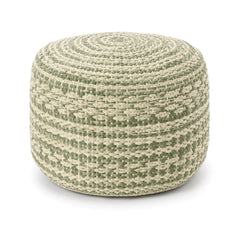Sage green and ivory textured stripe round pouf ottoman on white background