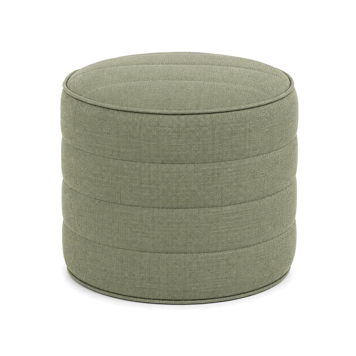Sage Green Quilted Cylinder Pouf Ottoman by Primeval on white background