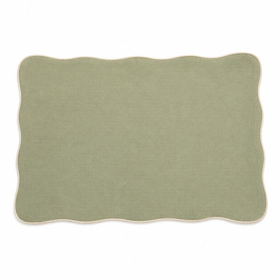 Sage green solid scalloped-edge placemat, soft decorative table linen by Primeval