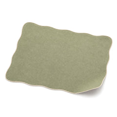Sage green scalloped-edge placemat shown in a premium angled presentation, lightweight table linen by Primeval