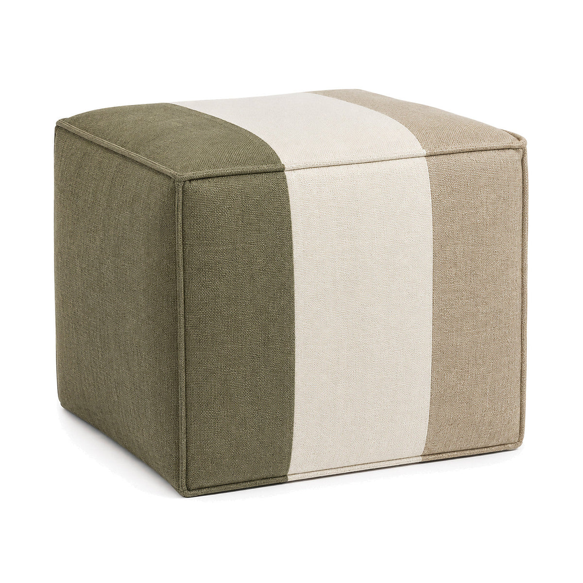 Sage, Ivory & Taupe Colour-Block Upholstered Cube Pouf by Primeval on white background