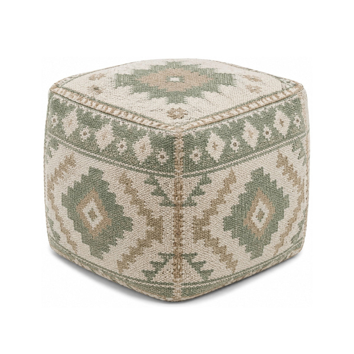 Sage, Ivory & Beige Tribal Kilim Cube Pouf Ottoman on white background