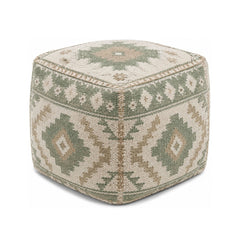 Sage, Ivory & Beige Tribal Kilim Cube Pouf Ottoman on white background