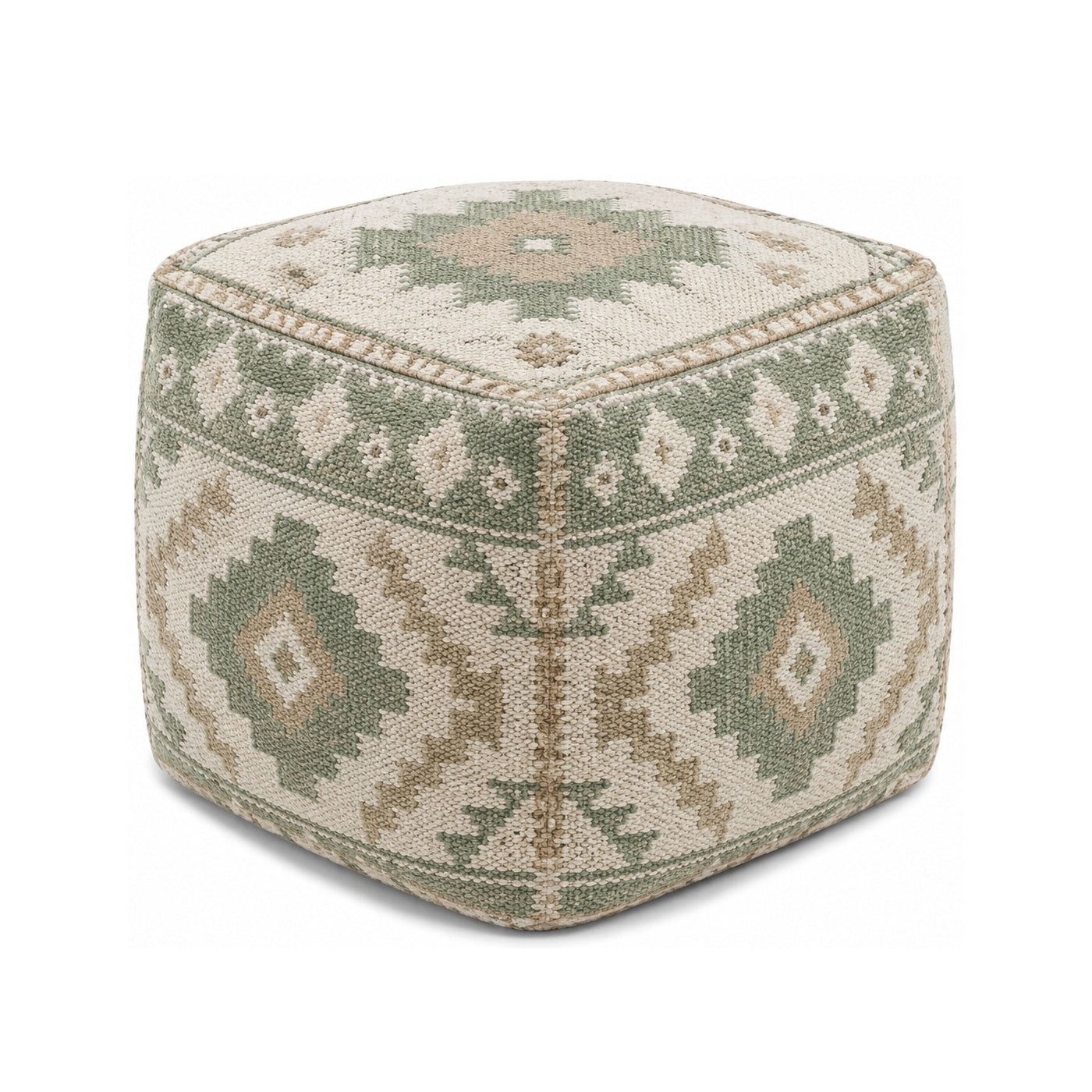 Sage, Ivory & Beige Tribal Kilim Cube Pouf Ottoman on white background