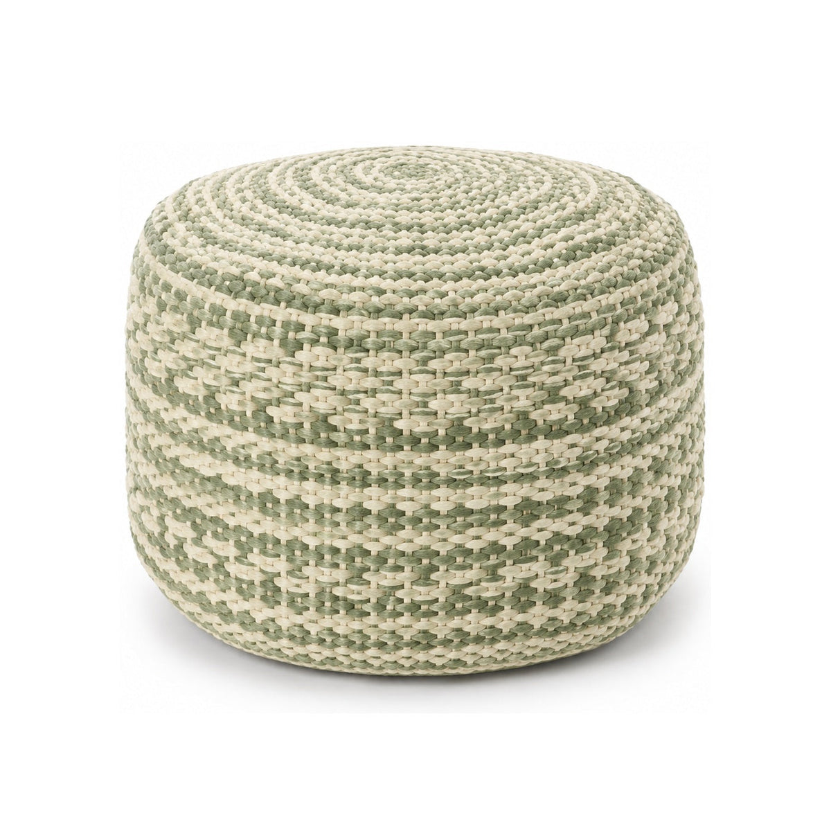 Sage & Ivory Patterned Knit Round Pouf Ottoman on white background