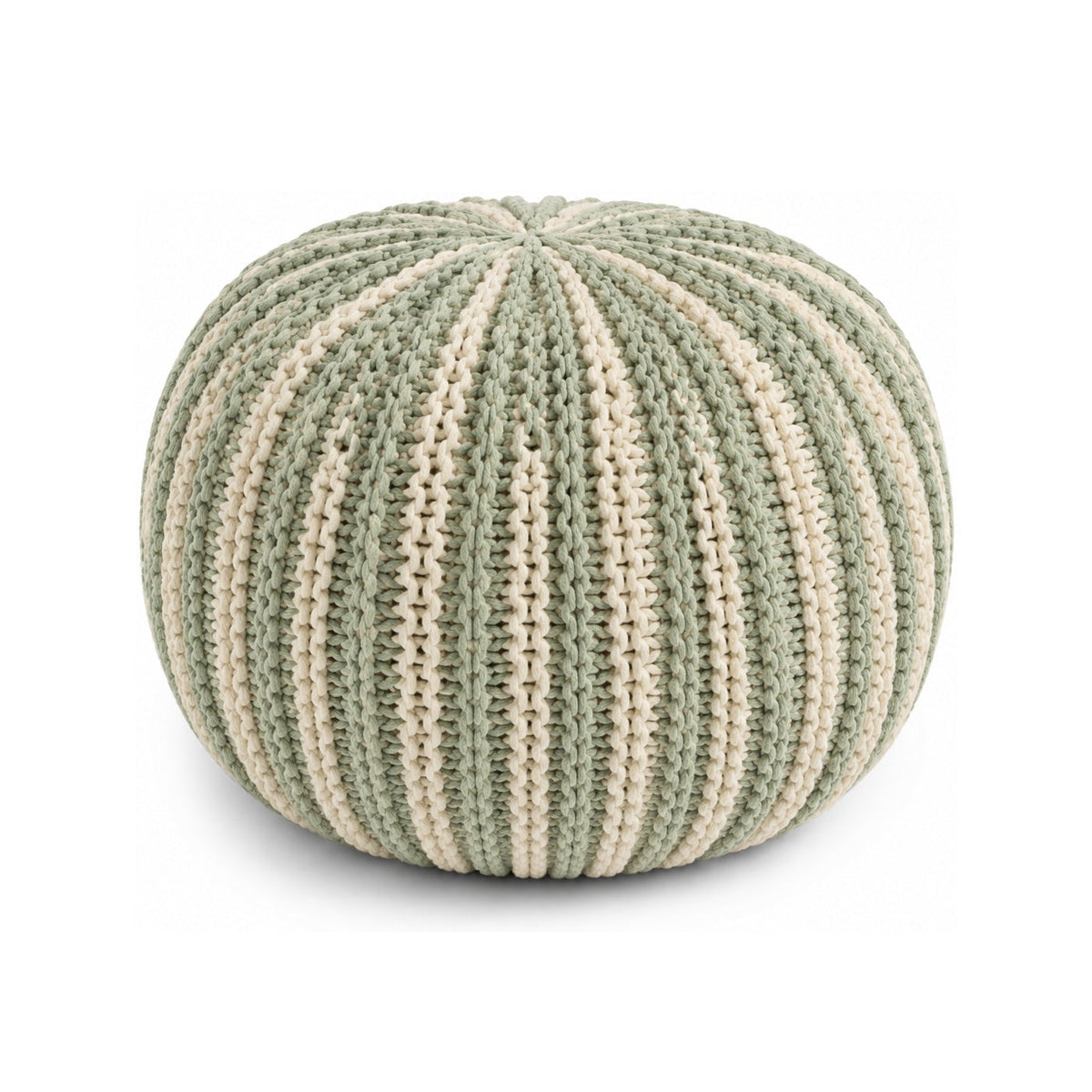 Sage & Ivory Ribbed Knit Round Pouf Ottoman on white background
