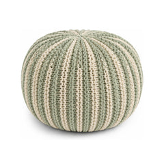 Sage & Ivory Ribbed Knit Round Pouf Ottoman on white background