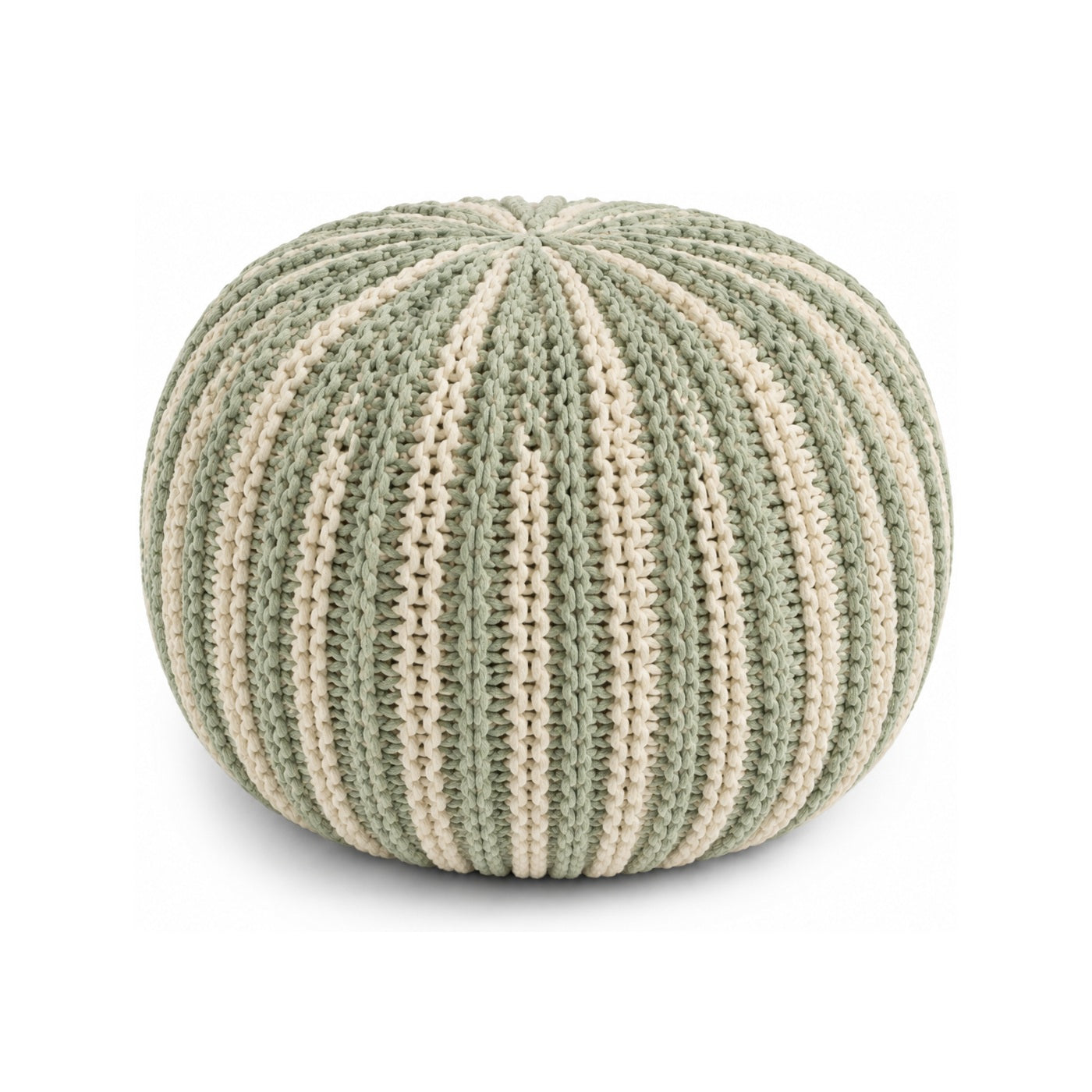 Sage & Ivory Ribbed Knit Round Pouf Ottoman on white background