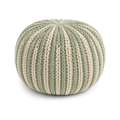 Sage and ivory ribbed knitted round pouf ottoman on white background