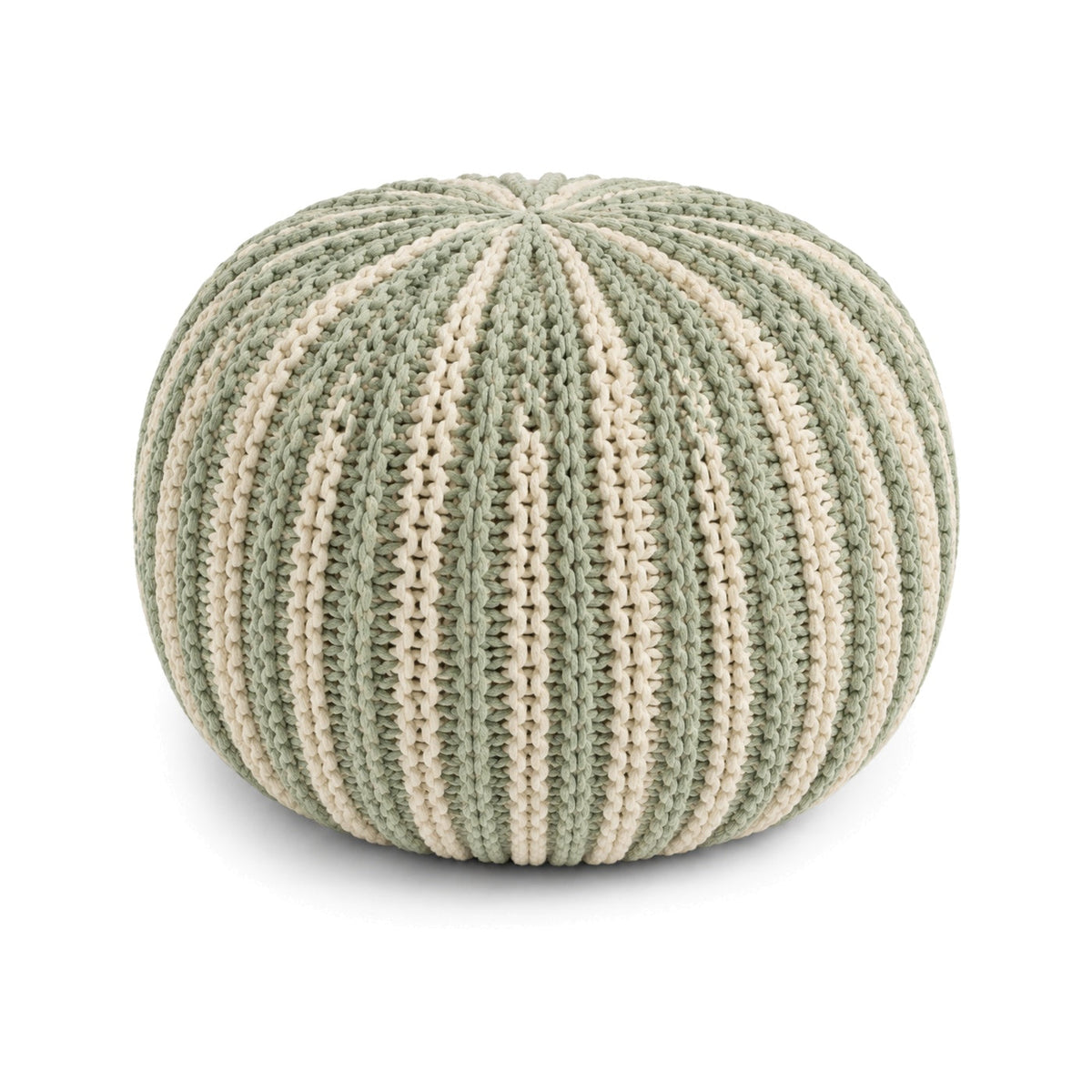 Sage and ivory ribbed knitted round pouf ottoman on white background
