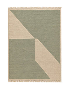 Sage and natural beige geometric flatweave area rug for wholesale sourcing from India