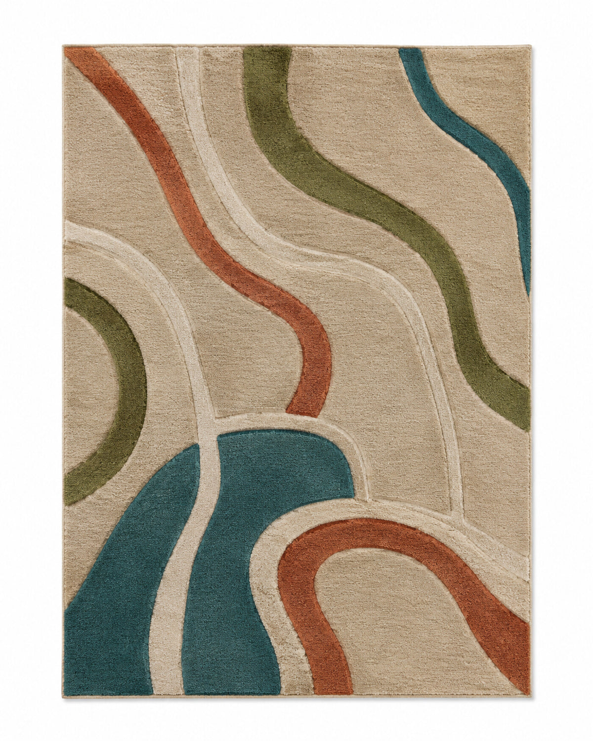 Sand area rug with teal, olive and rust flowing linework in an organic contemporary pattern