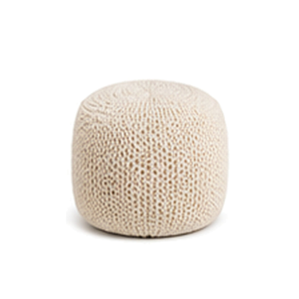 Solid ivory open chunky knit tall pouf ottoman on white background