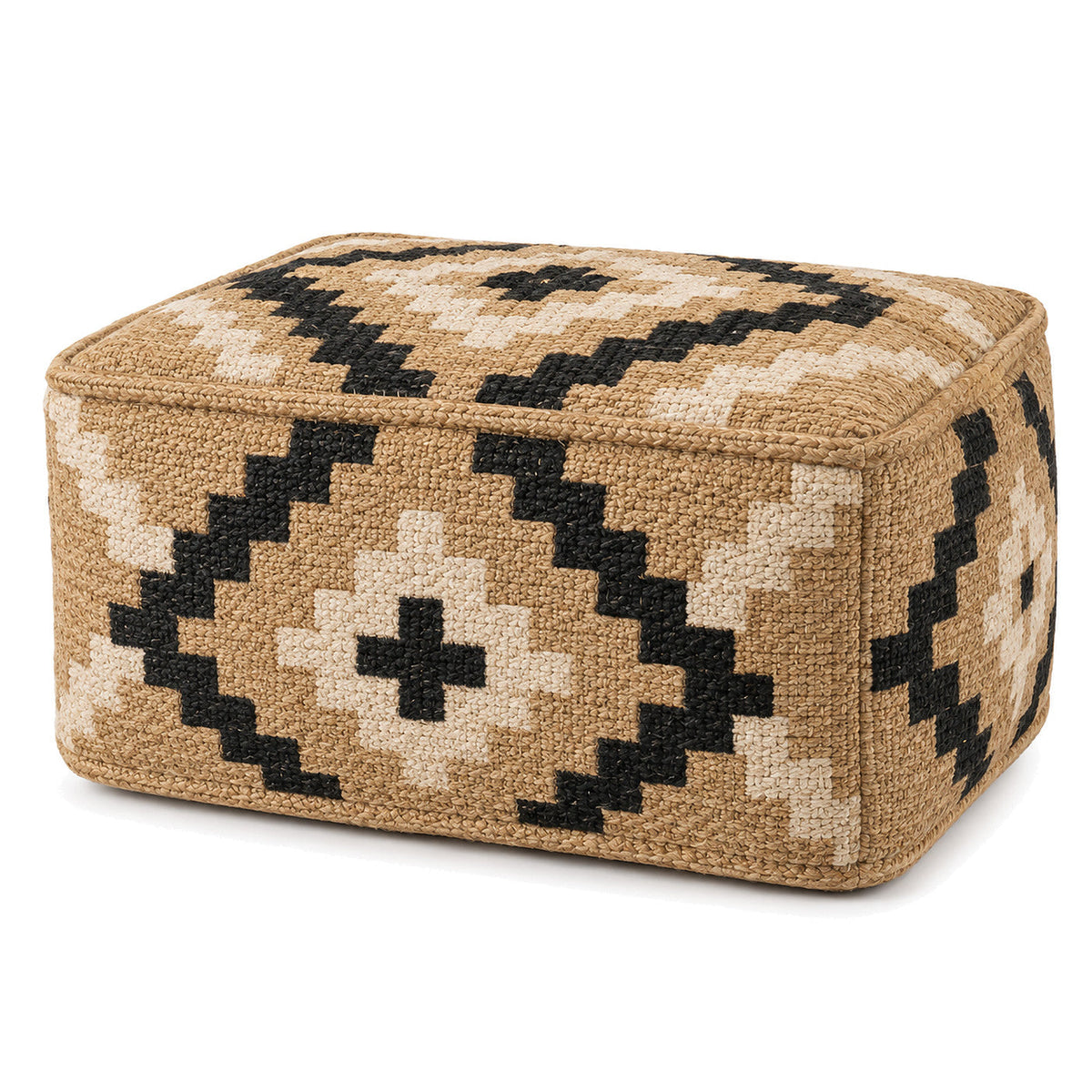 Tan, Black & Ivory Geometric Jute-Rich Rectangular Pouf by Primeval on white background