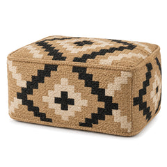 Tan, Black & Ivory Geometric Jute-Rich Rectangular Pouf by Primeval on white background