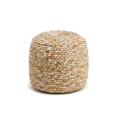 Tan and ivory boucle texture tall cylinder pouf ottoman on white background