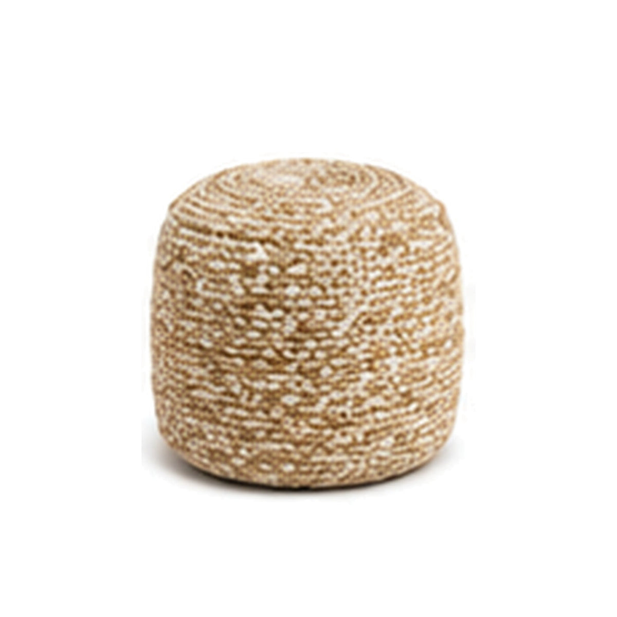 Tan and ivory boucle texture tall cylinder pouf ottoman on white background