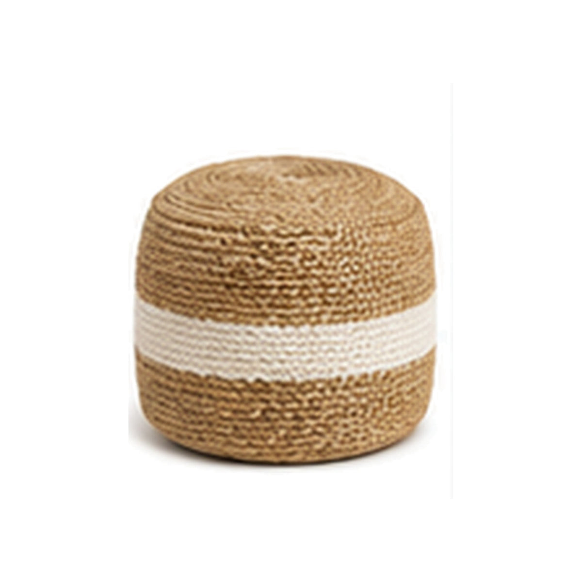 Tan and ivory centre-band tall cylinder pouf ottoman on white background