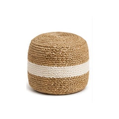 Tan and ivory centre-band tall cylinder pouf ottoman on white background