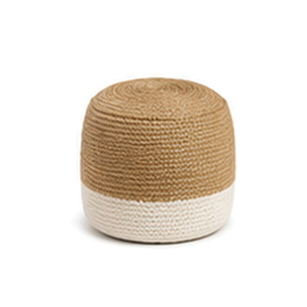 Tan and ivory two-tone tall cylinder pouf ottoman on white background
