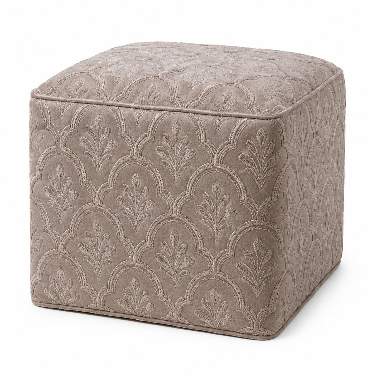 Taupe Embossed Floral Velvet Jacquard Cube Pouf Ottoman on white background