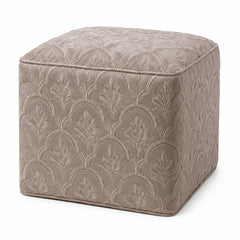 Taupe Embossed Floral Velvet Jacquard Cube Pouf Ottoman on white background