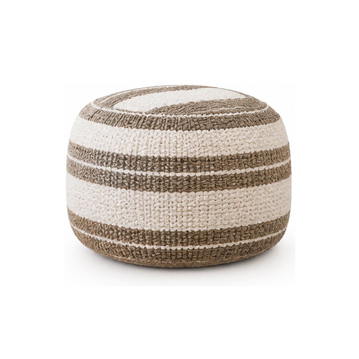 Taupe & Ivory Broad Stripe Knitted Round Pouf Ottoman on white background