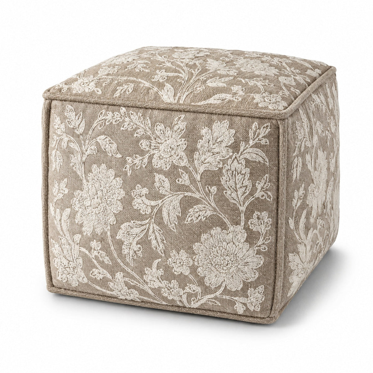 Taupe & Ivory Floral Jacquard Cube Pouf Ottoman on white background