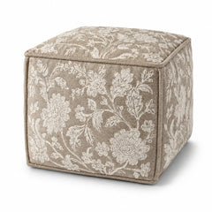 Taupe & Ivory Floral Jacquard Cube Pouf Ottoman on white background