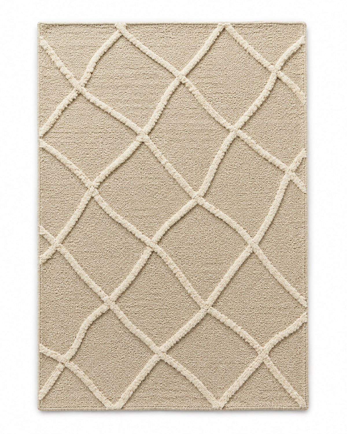 Taupe area rug with raised ivory lattice lines forming an irregular diamond pattern