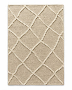 Taupe area rug with raised ivory lattice lines forming an irregular diamond pattern
