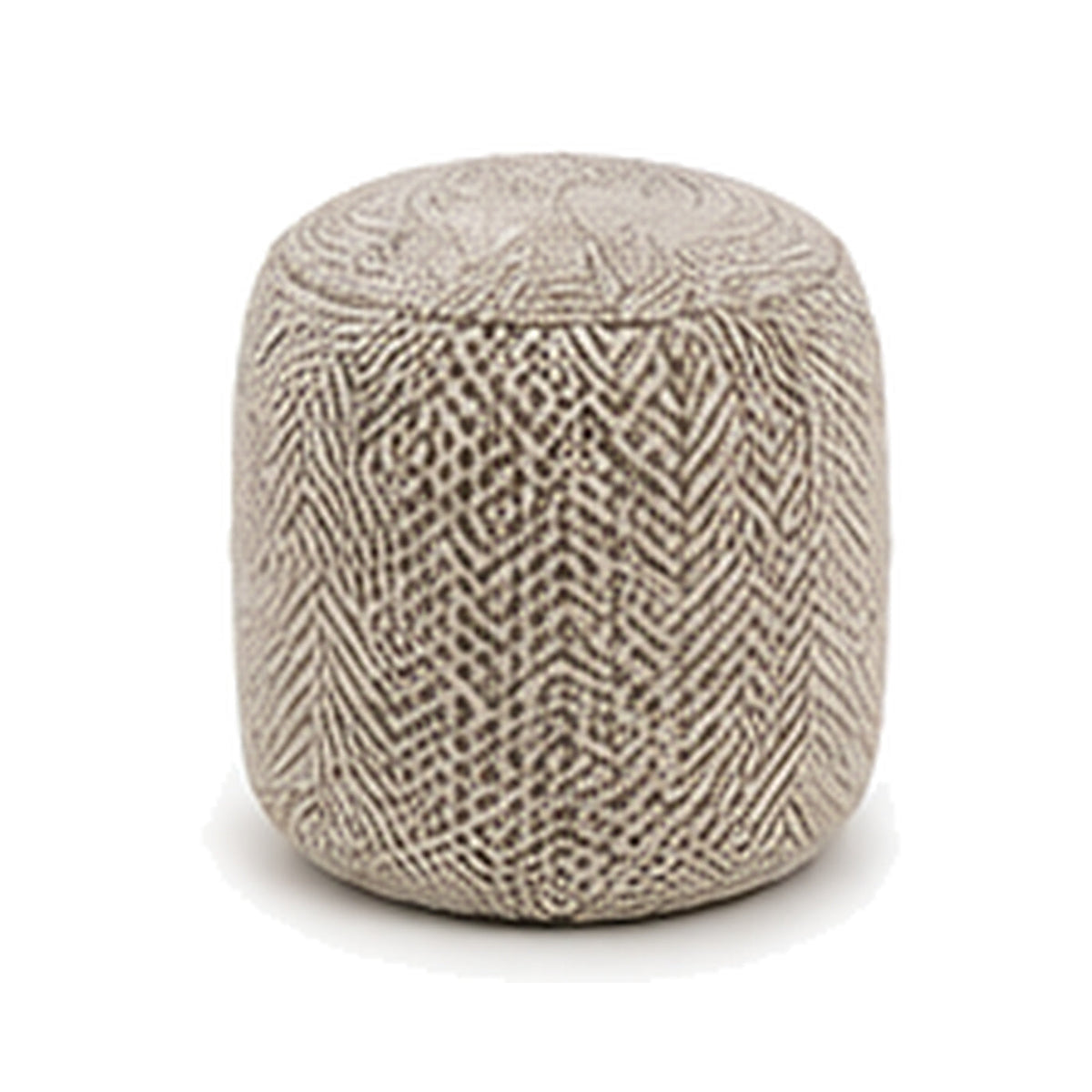 Taupe and ivory micro geometric European style cylinder pouf ottoman on white background