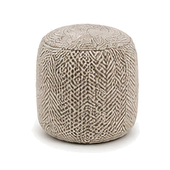 Taupe and ivory micro geometric European style cylinder pouf ottoman on white background