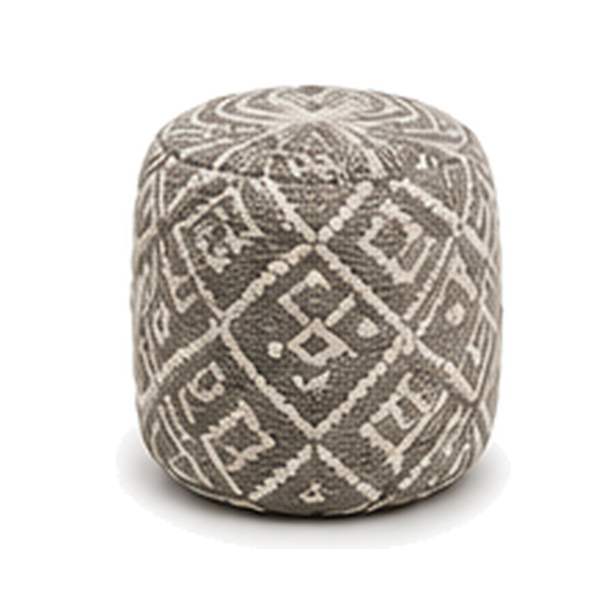 Taupe and ivory ornate geometric European style cylinder pouf ottoman on white background