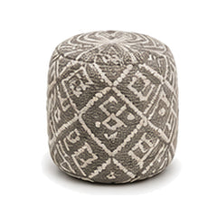 Taupe and ivory ornate geometric European style cylinder pouf ottoman on white background