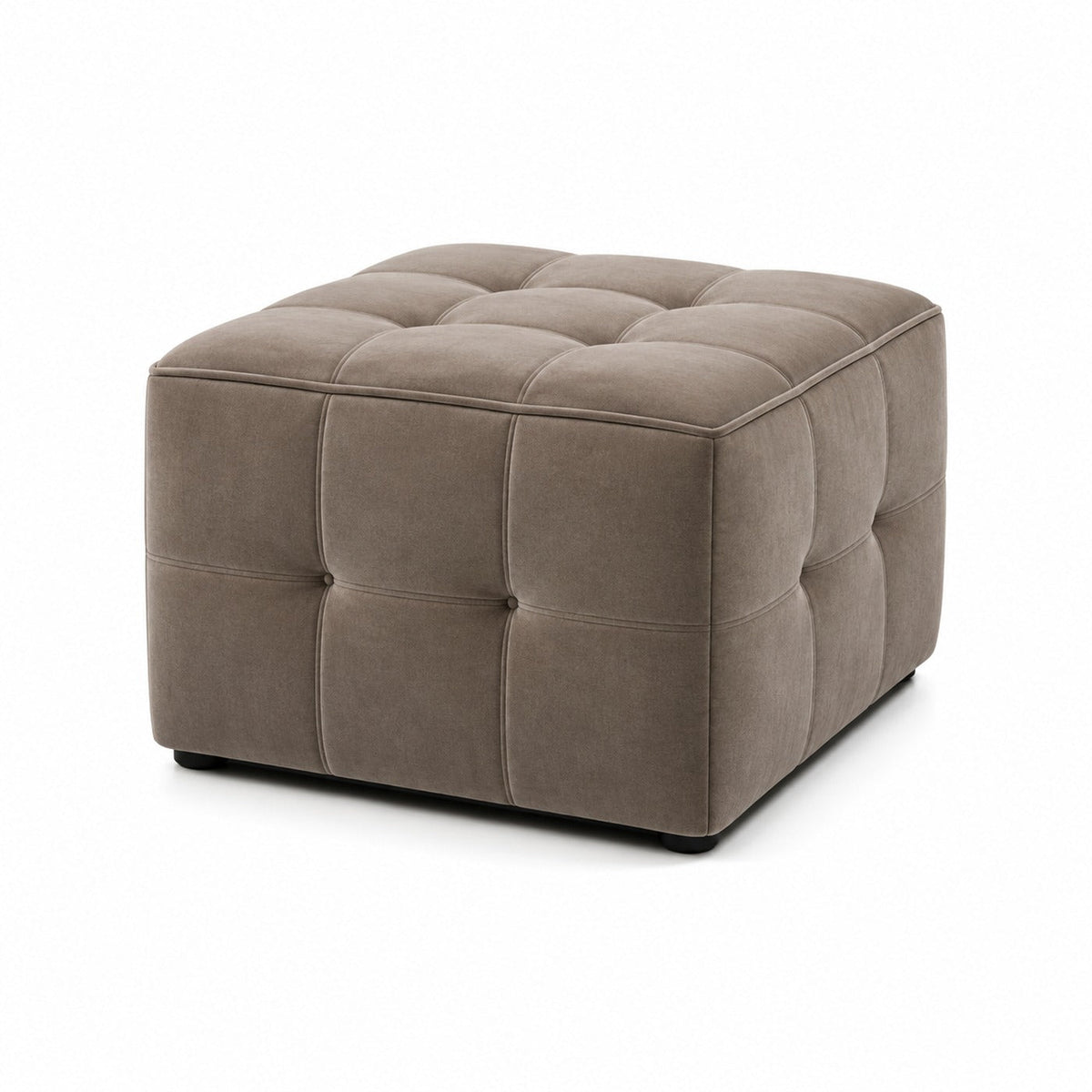 Taupe Velvet-Touch Deep Button Tufted Square Pouf Ottoman on white background