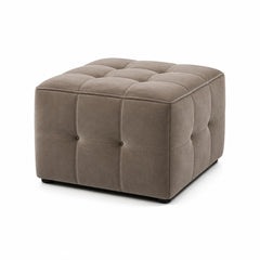 Taupe Velvet-Touch Deep Button Tufted Square Pouf Ottoman on white background