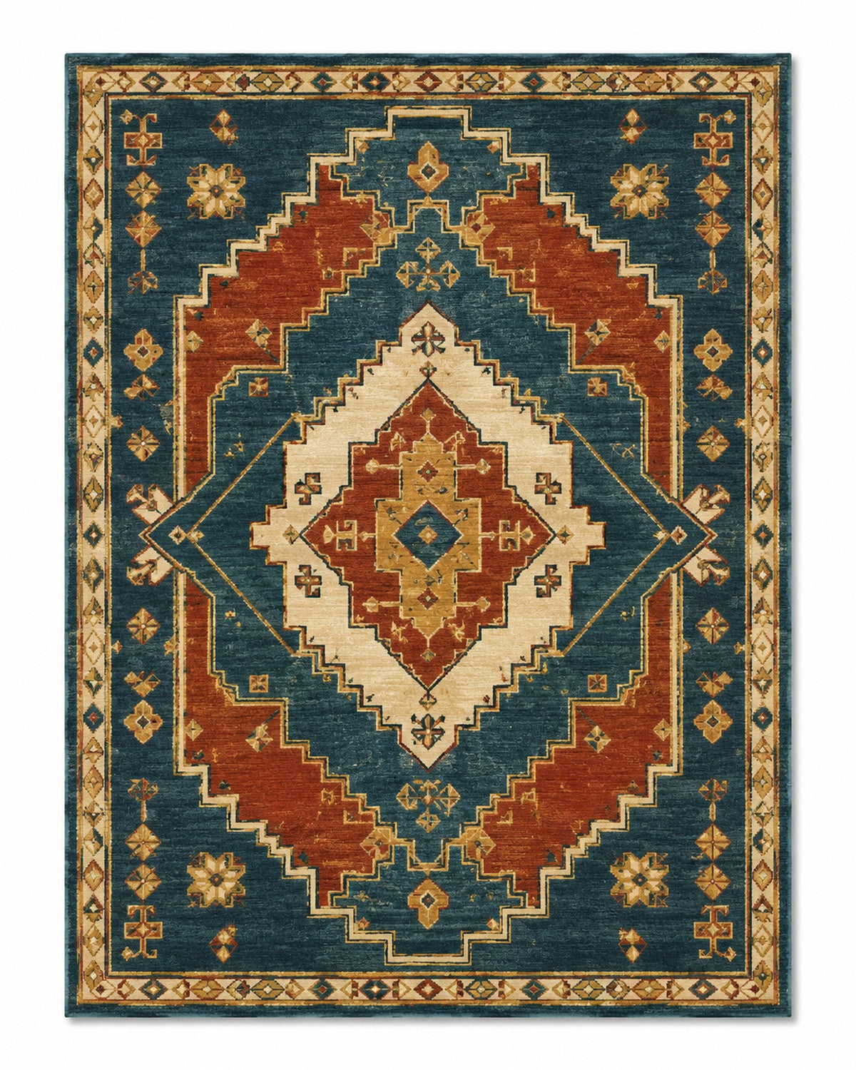 Teal, rust, gold and ivory decorative geometric area rug for wholesale sourcing from India