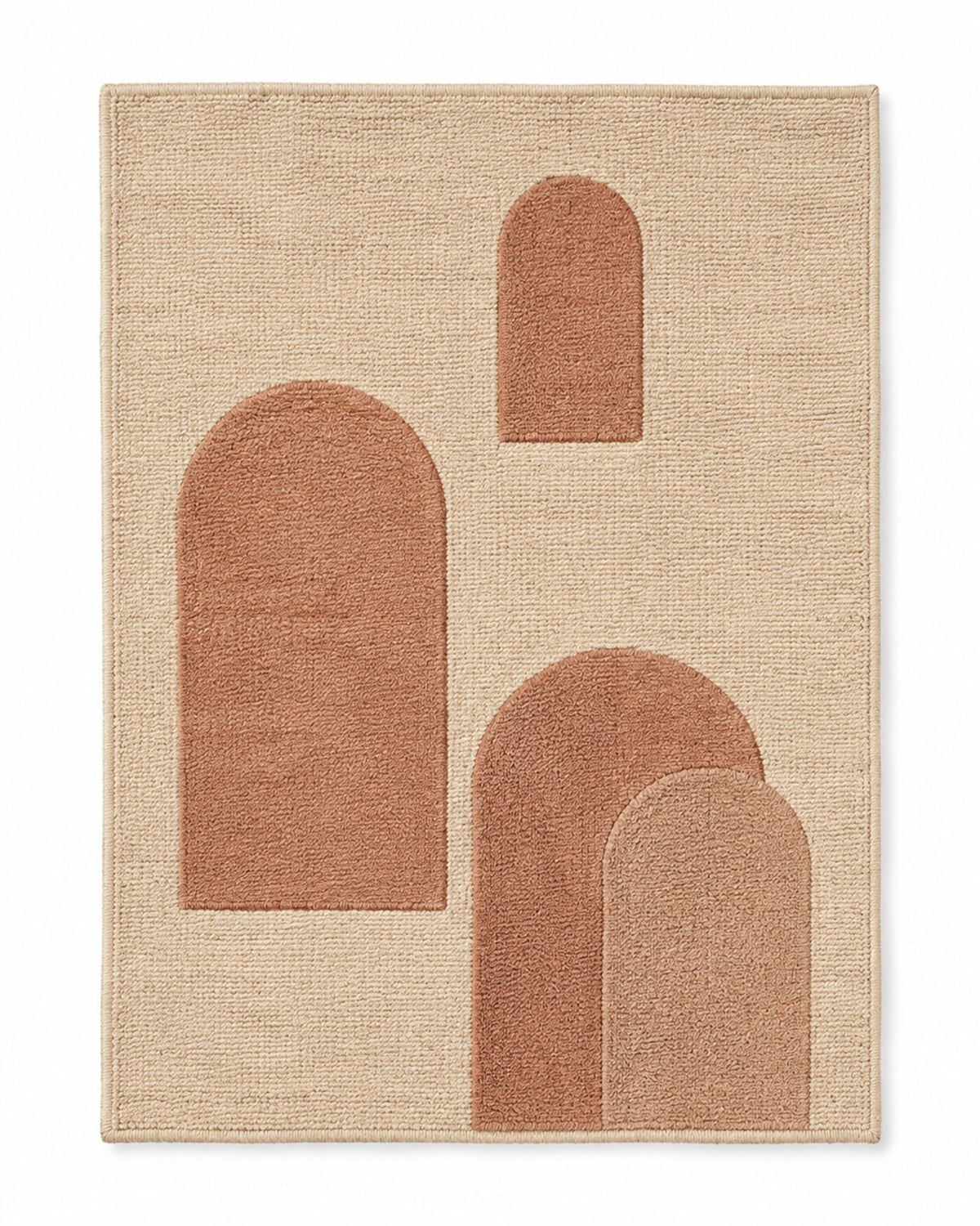 Beige area rug with warm terracotta arch shapes and modern geometric composition