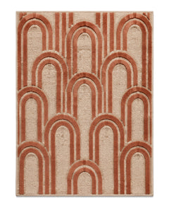 Terracotta and beige arch pattern tufted area rug for wholesale sourcing from India