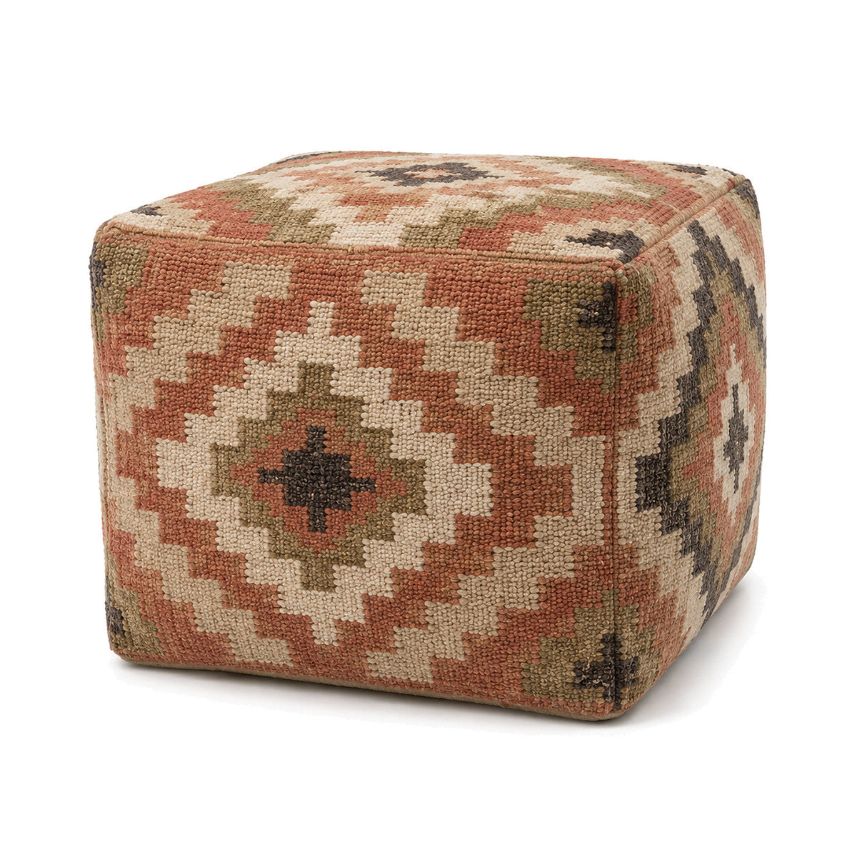 Terracotta, Beige & Charcoal Kilim-Style Cube Pouf by Primeval on white background