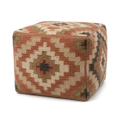 Terracotta, Beige & Charcoal Kilim-Style Cube Pouf by Primeval on white background