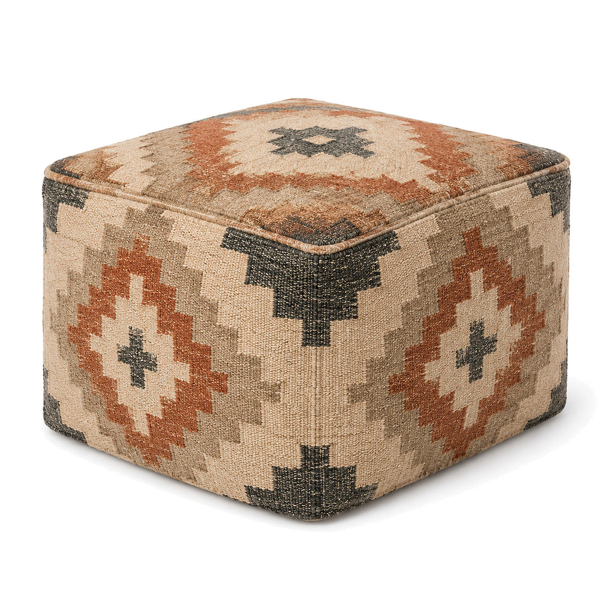 Terracotta, Charcoal & Beige Kilim-Style Cube Pouf by Primeval on white background