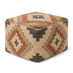Terracotta, Charcoal & Beige Kilim-Style Cube Pouf by Primeval on white background