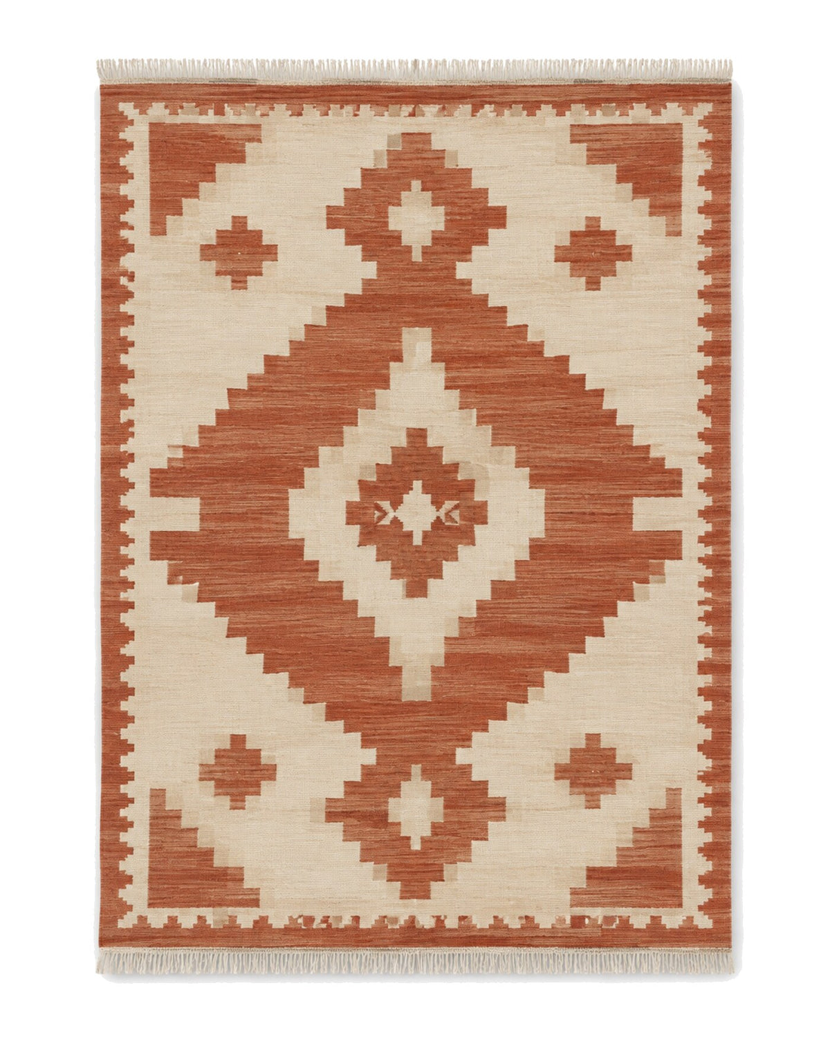 Terracotta and cream global-geometric flatweave area rug for wholesale sourcing from India
